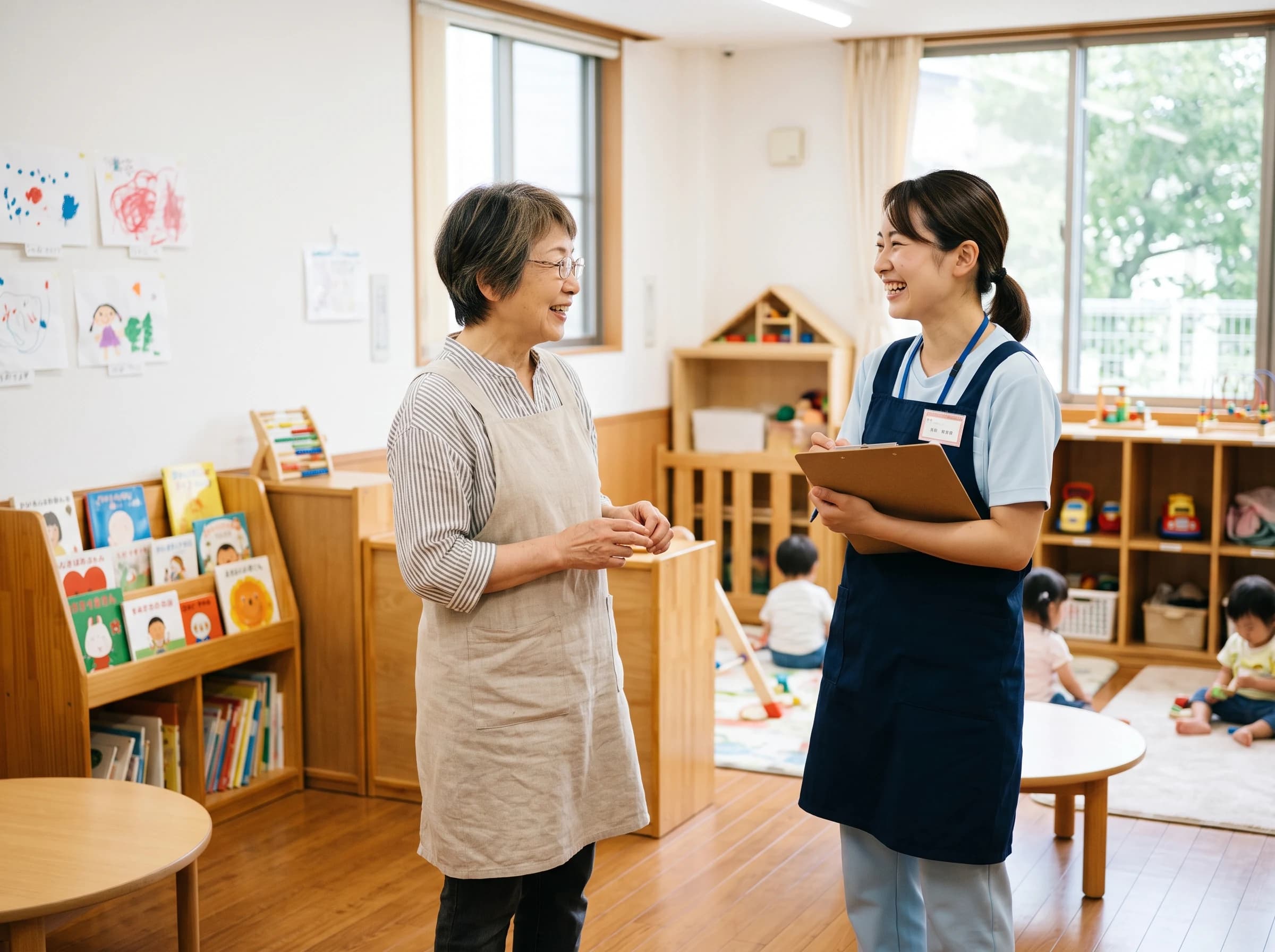 保育室で先輩に相談する保育補助スタッフ