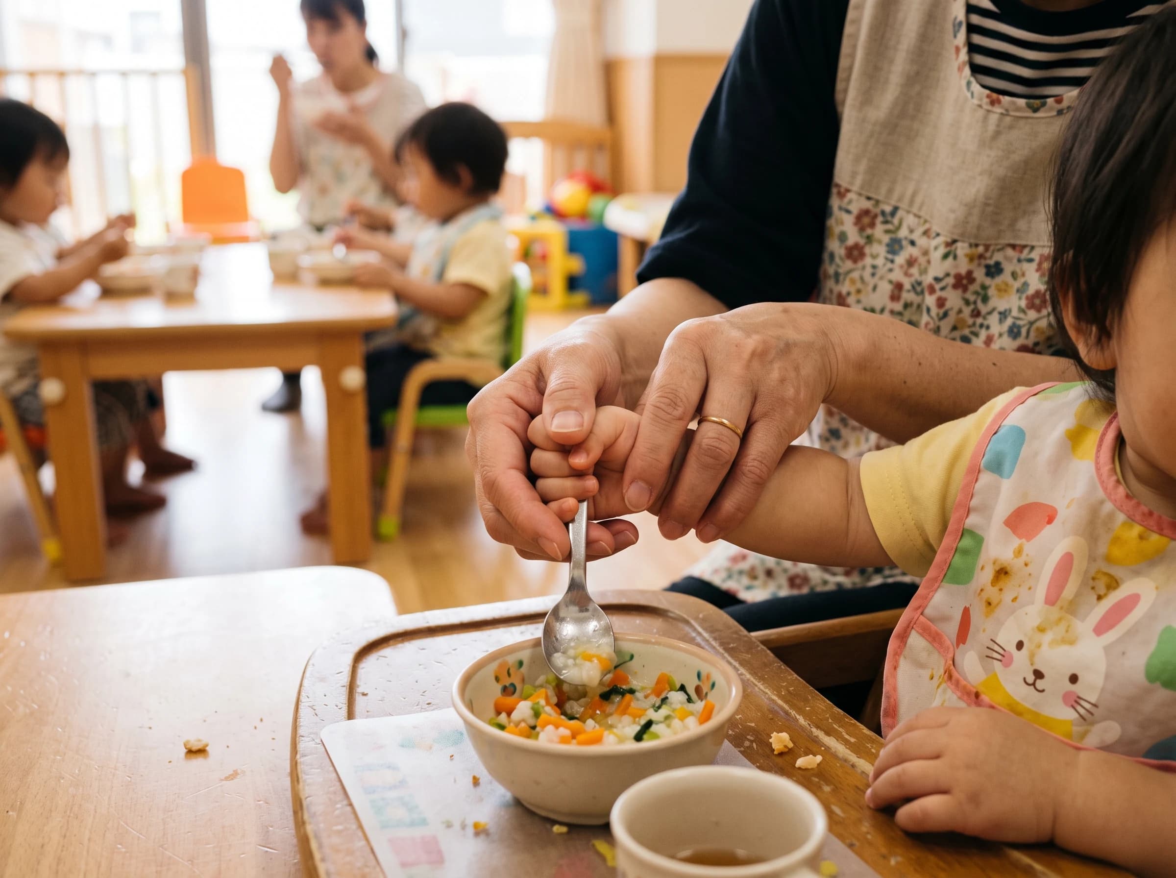 食事の時間に園児へ手を添えるスタッフ