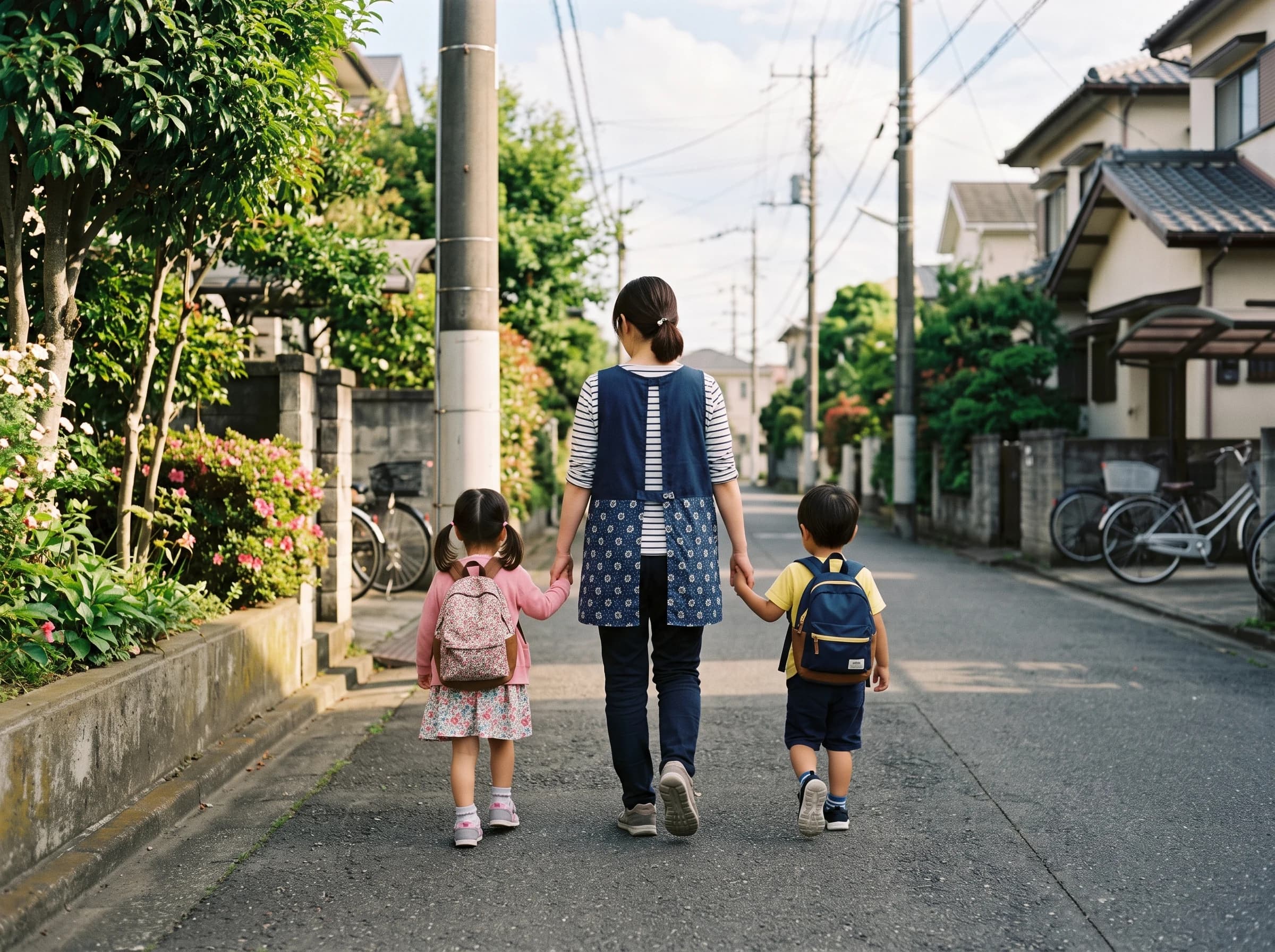 園児のお散歩に付き添うスタッフ